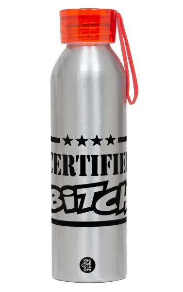 Certified Bitch — Αλουμινένιο Αθλητικό Μπουκάλι 650ml – Ασημί με Κόκκινο Καπάκι και Λουράκι Σιλικόνης