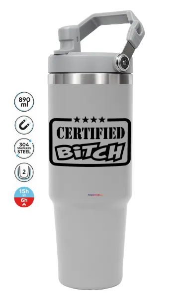 Certified Bitch — ΓΚΡΙ Travel Tumbler Θερμός με χερούλι και καλαμάκι 890ml