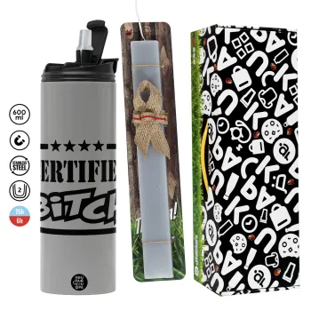 Certified Bitch, Πασχαλινή Λαμπάδα με Travel Tumbler θερμό (600ml, BPA free) & κερί αρωματικό πλακέ (30cm) (ΓΚΡΙ)