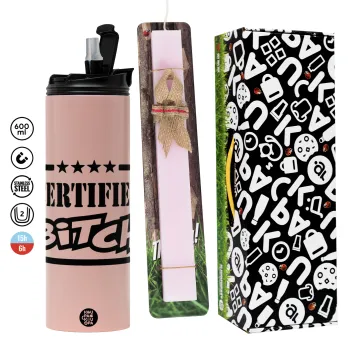 Certified Bitch, Πασχαλινή Λαμπάδα με  ΡΟΖ Travel Tumbler θερμό (600ml, BPA free) & κερί αρωματικό πλακέ (30cm) (ΡΟΖ)