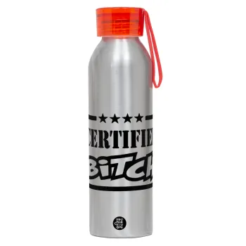 Certified Bitch, Αλουμινένιο Αθλητικό Μπουκάλι 650ml – Ασημί με Κόκκινο Καπάκι και Λουράκι Σιλικόνης