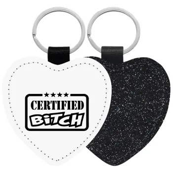 Certified Bitch, Μπρελόκ PU δερμάτινο glitter καρδιά ΜΑΥΡΟ