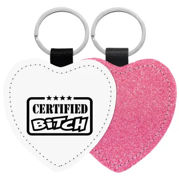 Certified Bitch, Μπρελόκ PU δερμάτινο glitter καρδιά ΡΟΖ