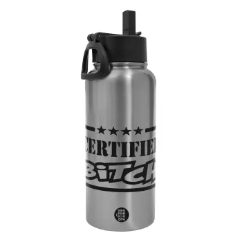 Certified Bitch, Μεταλλικό παγούρι θερμός Silver με καλαμάκι και χερούλι (Stainless steel), διπλού τοιχώματος, 950ml
