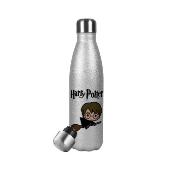 Harry potter kid, Μεταλλικό παγούρι θερμός Glitter Aσημένιο (Stainless steel), διπλού τοιχώματος, 500ml
