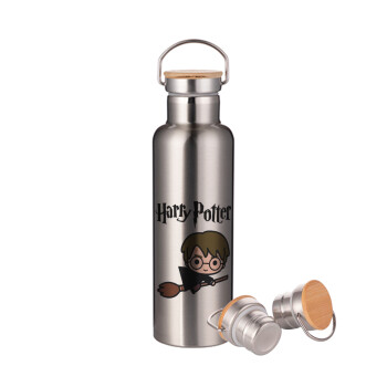 Harry potter kid, Μεταλλικό παγούρι θερμός (Stainless steel) Ασημένιο με ξύλινο καπακι (bamboo), διπλού τοιχώματος, 750ml