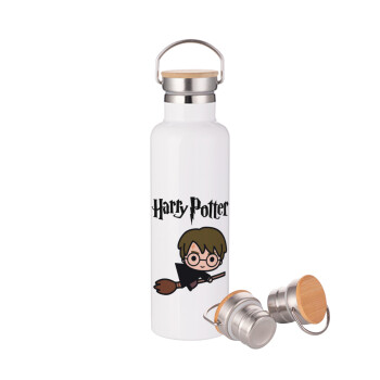 Harry potter kid, Μεταλλικό παγούρι θερμός (Stainless steel) Λευκό με ξύλινο καπάκι (bamboo), διπλού τοιχώματος, 750ml