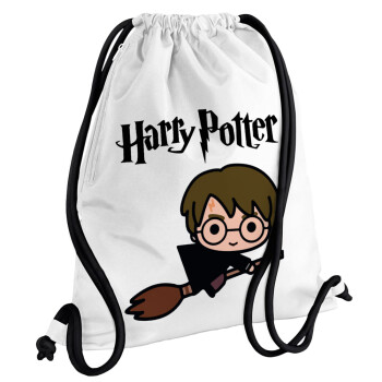 Harry potter kid, Τσάντα πλάτης πουγκί GYMBAG λευκή, με τσέπη (40x48cm) & χονδρά κορδόνια