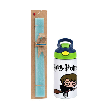 Harry potter kid, Easter Set, Children's thermal stainless steel bottle with safety straw, green/blue (350ml) & aromatic flat Easter candle (30cm) (TURQUOISE)