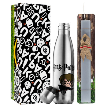 Harry potter kid, Easter Set, metallic stainless thermos flask (500ml) & scented flat Easter candle (30cm) (GRAY)