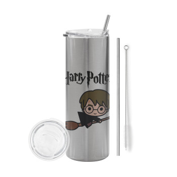 Harry potter kid, Eco friendly ποτήρι θερμό Ασημένιο (tumbler) από ανοξείδωτο ατσάλι 600ml, με μεταλλικό καλαμάκι & βούρτσα καθαρισμού