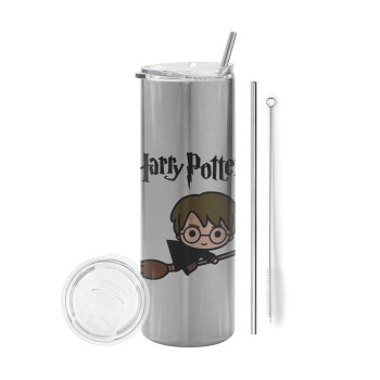 Harry potter kid, Tumbler ποτήρι θερμό Ασημένιο από ανοξείδωτο ατσάλι 600ml, με μεταλλικό καλαμάκι & βούρτσα καθαρισμού