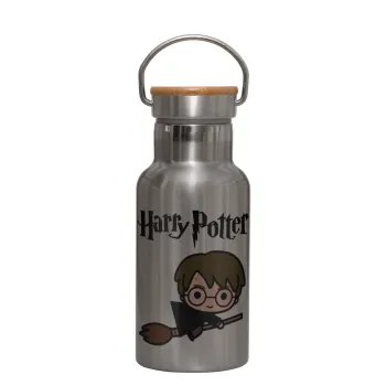 Harry potter kid, Μεταλλικό παγούρι θερμός (Stainless steel) Ασημένιο με ξύλινο καπακι (bamboo), διπλού τοιχώματος, 350ml