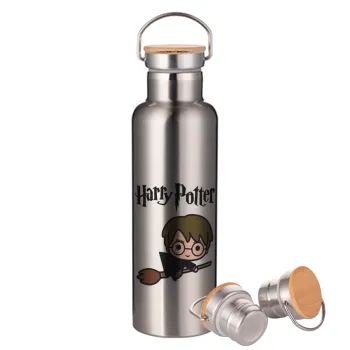 Harry potter kid, Stainless steel Silver with wooden lid (bamboo), double wall, 750ml