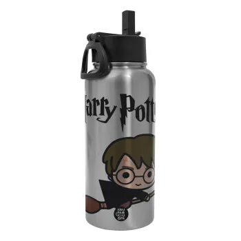 Harry potter kid, Metal mug thermo Silver with Straw and Spout Lid (Stainless steel), double wall, 950ml