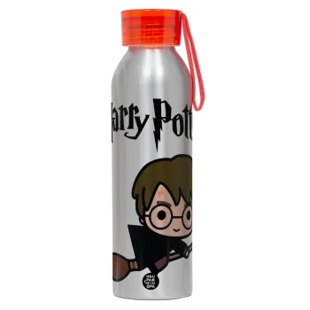 Harry potter kid, Αλουμινένιο Αθλητικό Μπουκάλι 650ml – Ασημί με Κόκκινο Καπάκι και Λουράκι Σιλικόνης
