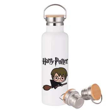 Harry potter kid, Stainless steel White with wooden lid (bamboo), double wall, 750ml