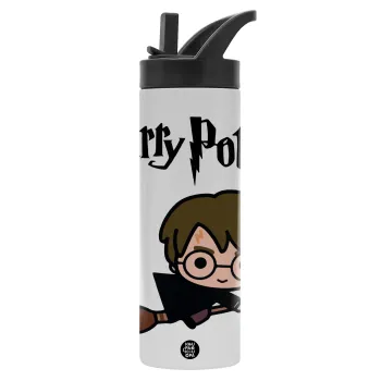Harry potter kid, Μεταλλικό παγούρι θερμός με καλαμάκι & χειρολαβή, ανοξείδωτο ατσάλι (Stainless steel 304), διπλού τοιχώματος, 600ml