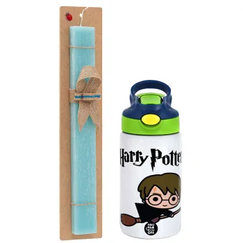 Harry potter kid, Easter Set, Children's thermal stainless steel bottle with safety straw, green/blue (350ml) & aromatic flat Easter candle (30cm) (TURQUOISE)