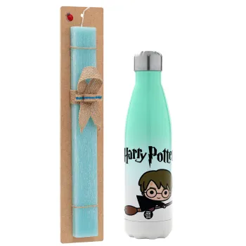 Harry potter kid, Easter Set, Metallic green/white thermos (Stainless steel), double-walled, 500ml & scented flat Easter candle (30cm) (TURQUOISE)