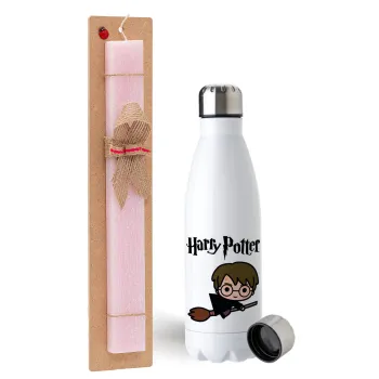 Harry potter kid, Easter Set, metallic stainless steel water bottle (750ml) & scented flat Easter candle (30cm) (PINK)