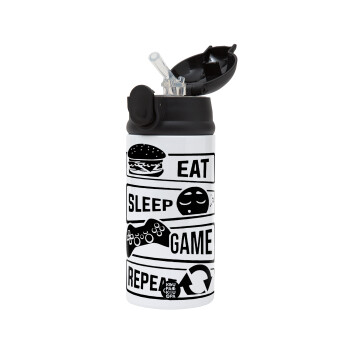 Eat Sleep Game Repeat, Παιδικό παγούρι θερμό, ανοξείδωτο, με καλαμάκι ασφαλείας, Μαύρο (360ml) BPA-FREE