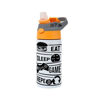 Eat Sleep Game Repeat, Παιδικό παγούρι θερμό, ανοξείδωτο, με καλαμάκι ασφαλείας, Πορτοκαλί/Γκρι (360ml) BPA-FREE
