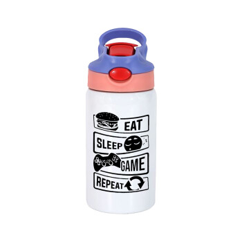 Eat Sleep Game Repeat, Children's hot water bottle, stainless steel, with safety straw, pink/purple (350ml)