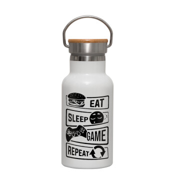Eat Sleep Game Repeat, Metallic thermos (Stainless steel) White with wooden lid (bamboo), double-walled, 350ml