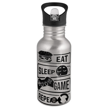 Eat Sleep Game Repeat, Παγούρι νερού Ασημένιο με καλαμάκι, ανοξείδωτο ατσάλι 500ml