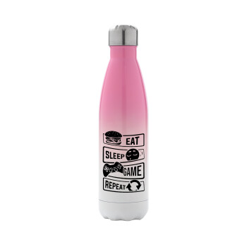 Eat Sleep Game Repeat, Metal mug thermos Pink/White (Stainless steel), double wall, 500ml