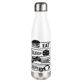 Eat Sleep Game Repeat, Μεταλλικό παγούρι θερμός Λευκό (Stainless steel), διπλού τοιχώματος, 500ml