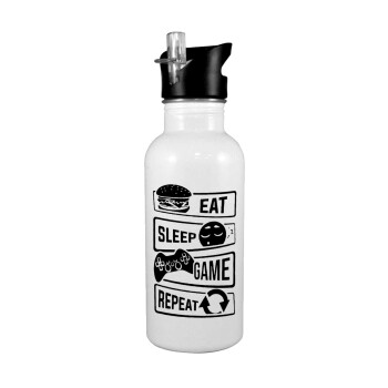 Eat Sleep Game Repeat, White water bottle with straw, stainless steel 600ml
