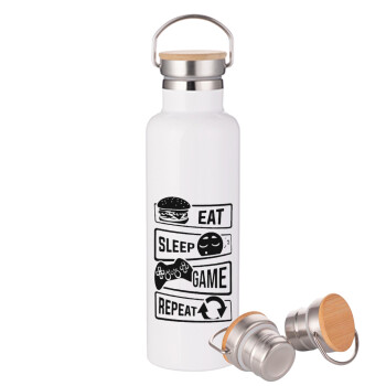 Eat Sleep Game Repeat, Stainless steel White with wooden lid (bamboo), double wall, 750ml