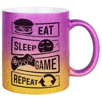 Eat Sleep Game Repeat, Κούπα Χρυσή/Ροζ Glitter, κεραμική, 330ml
