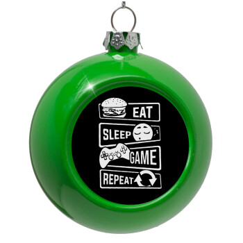 Eat Sleep Game Repeat, Green Christmas tree ornament bauble 8cm