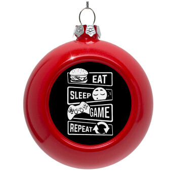 Eat Sleep Game Repeat, Red Christmas tree ornament bauble 8cm