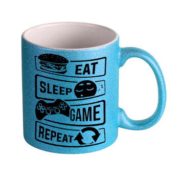 Eat Sleep Game Repeat, Κούπα Σιέλ Glitter που γυαλίζει, κεραμική, 330ml