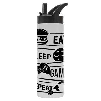 Eat Sleep Game Repeat, Metallic thermos bottle with straw & handle, stainless steel (Stainless steel 304), double-walled, 600ml.
