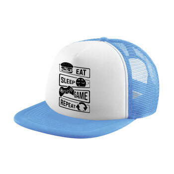 Eat Sleep Game Repeat, Καπέλο Soft Trucker με Δίχτυ Γαλάζιο/Λευκό