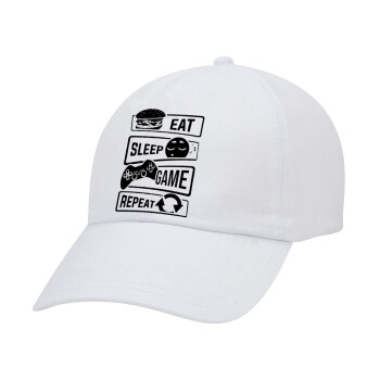 Eat Sleep Game Repeat, Καπέλο Baseball Λευκό (5-φύλλο, unisex)