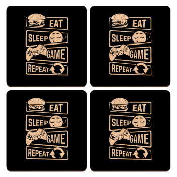 Eat Sleep Game Repeat, ΣΕΤ x4 Σουβέρ ξύλινα τετράγωνα plywood (9cm)