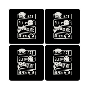 Eat Sleep Game Repeat, ΣΕΤ 4 Σουβέρ ξύλινα τετράγωνα (9cm)
