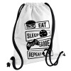 Eat Sleep Game Repeat, Τσάντα πλάτης πουγκί GYMBAG λευκή, με τσέπη (40x48cm) & χονδρά κορδόνια