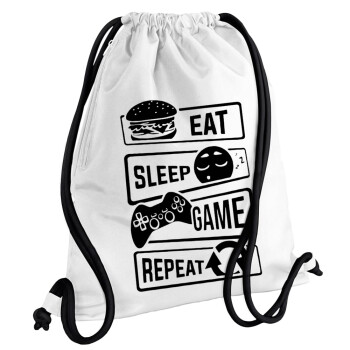 Eat Sleep Game Repeat, Backpack pouch GYMBAG white, with pocket (40x48cm) & thick cords
