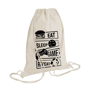 Eat Sleep Game Repeat, Τσάντα πλάτης πουγκί GYMBAG natural (28x40cm)