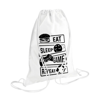 Eat Sleep Game Repeat, Τσάντα πλάτης πουγκί GYMBAG λευκή (28x40cm)