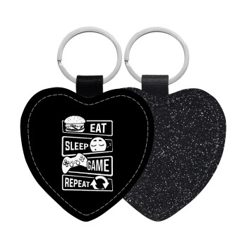 Eat Sleep Game Repeat, Μπρελόκ PU δερμάτινο glitter καρδιά ΜΑΥΡΟ