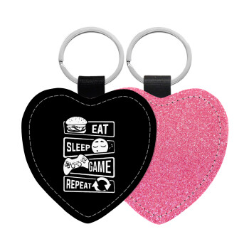 Eat Sleep Game Repeat, Μπρελόκ PU δερμάτινο glitter καρδιά ΡΟΖ