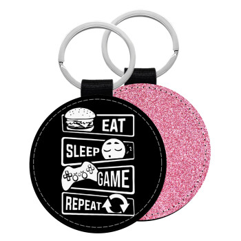 Eat Sleep Game Repeat, Μπρελόκ Δερματίνη, στρογγυλό ΡΟΖ (5cm)